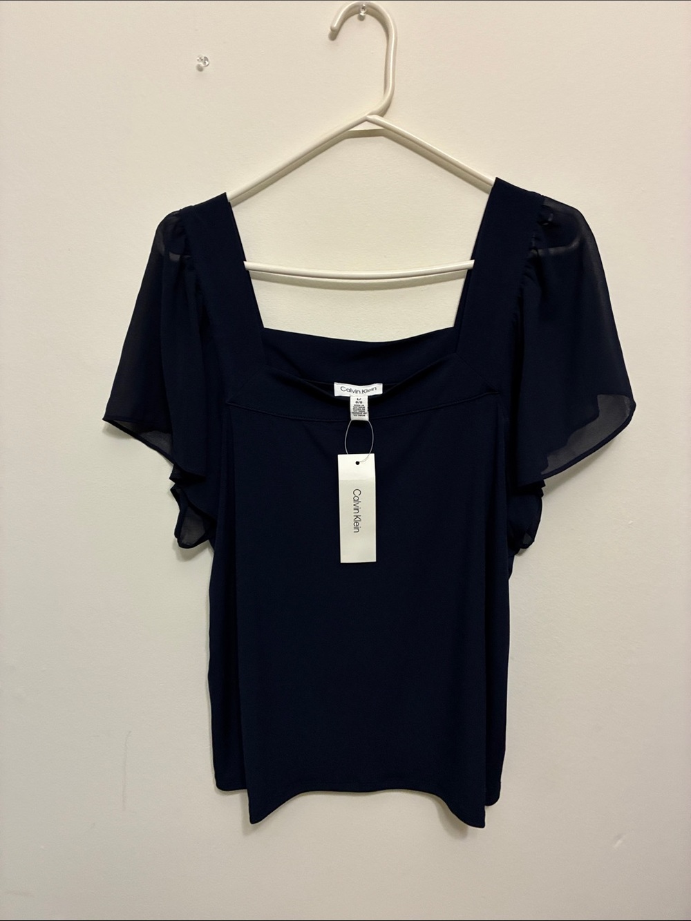 Calvin Klein Dark Navy Square Neck Flutter-Sleeve Blouse.